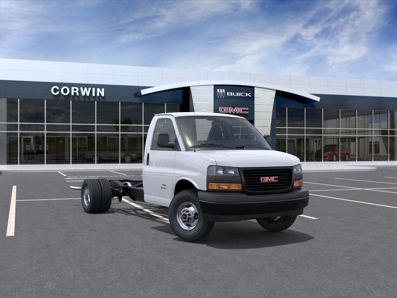 2026 GMC Savana Cutaway 3500 1WT in Summit White — front three-quarter view