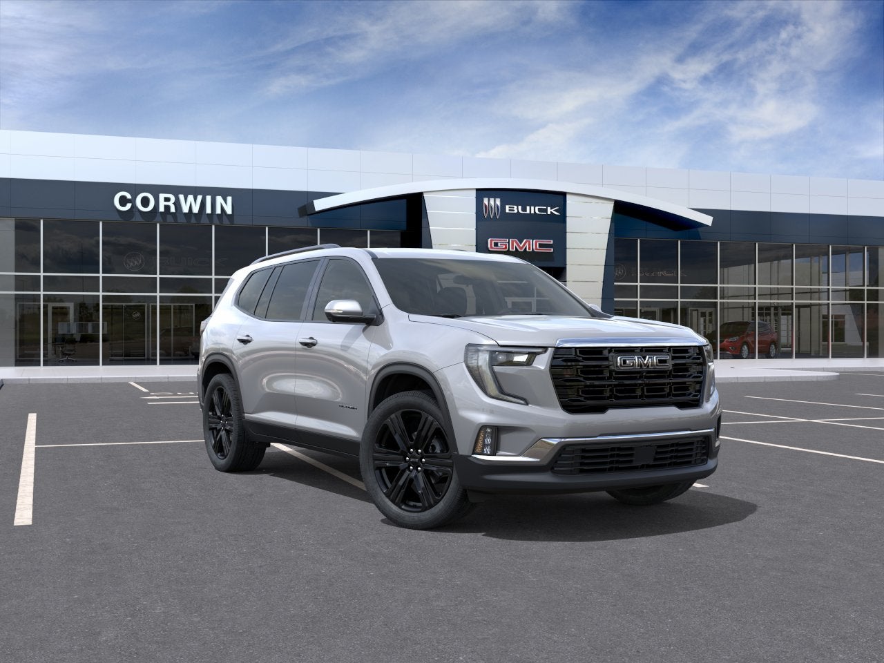 2026 GMC Acadia Elevation in Sterling Metallic — front three-quarter view