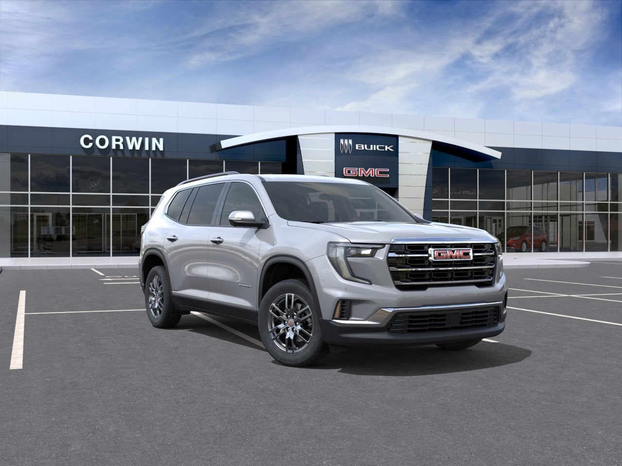 2026 GMC Acadia Elevation in Sterling Metallic — front three-quarter view