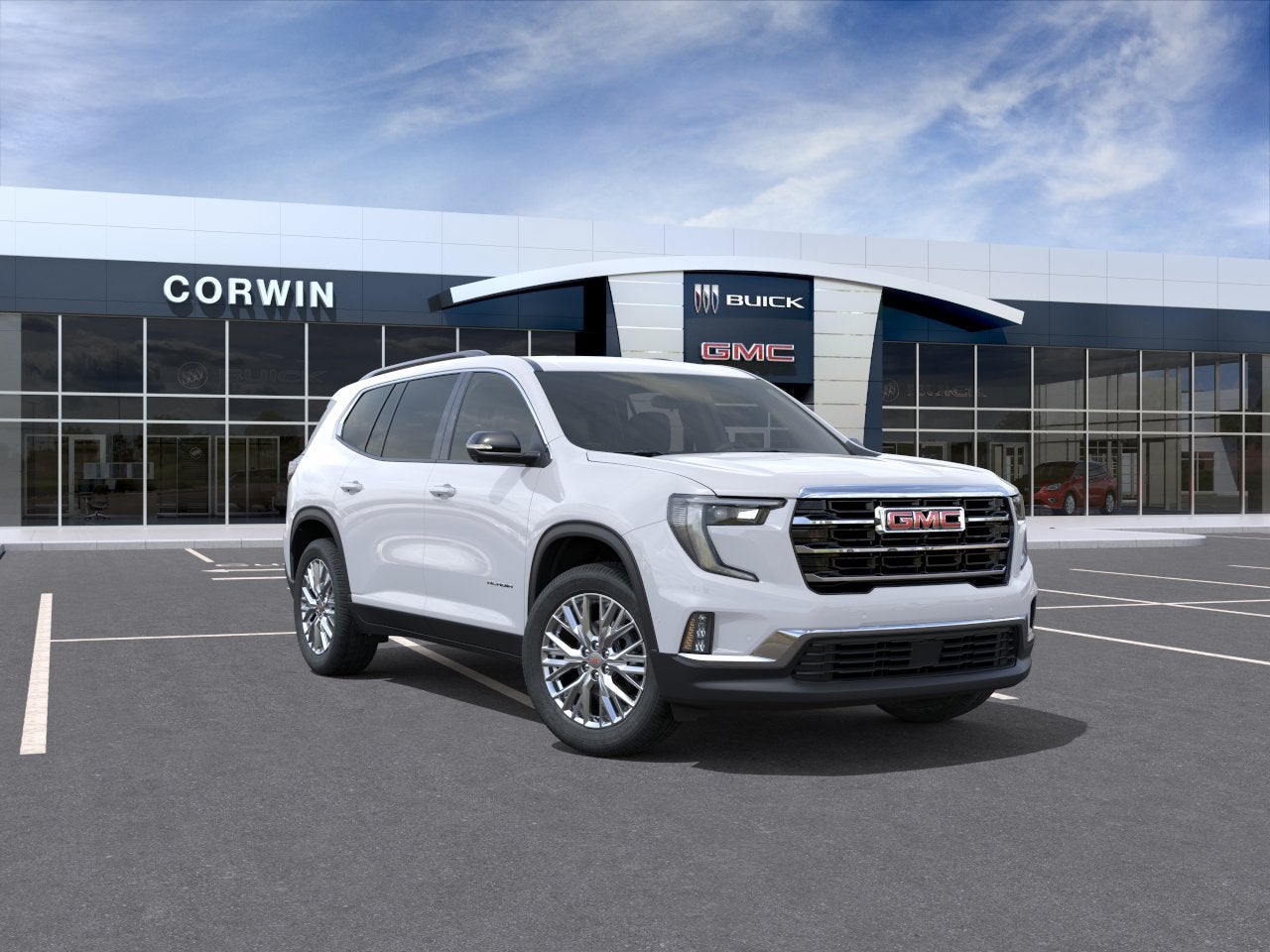 2026 GMC Acadia Elevation in Summit White — front three-quarter view