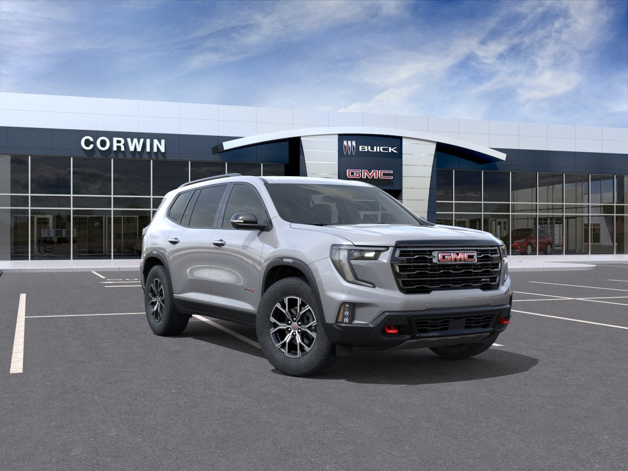2026 GMC Acadia AT4 in Sterling Metallic — front three-quarter view