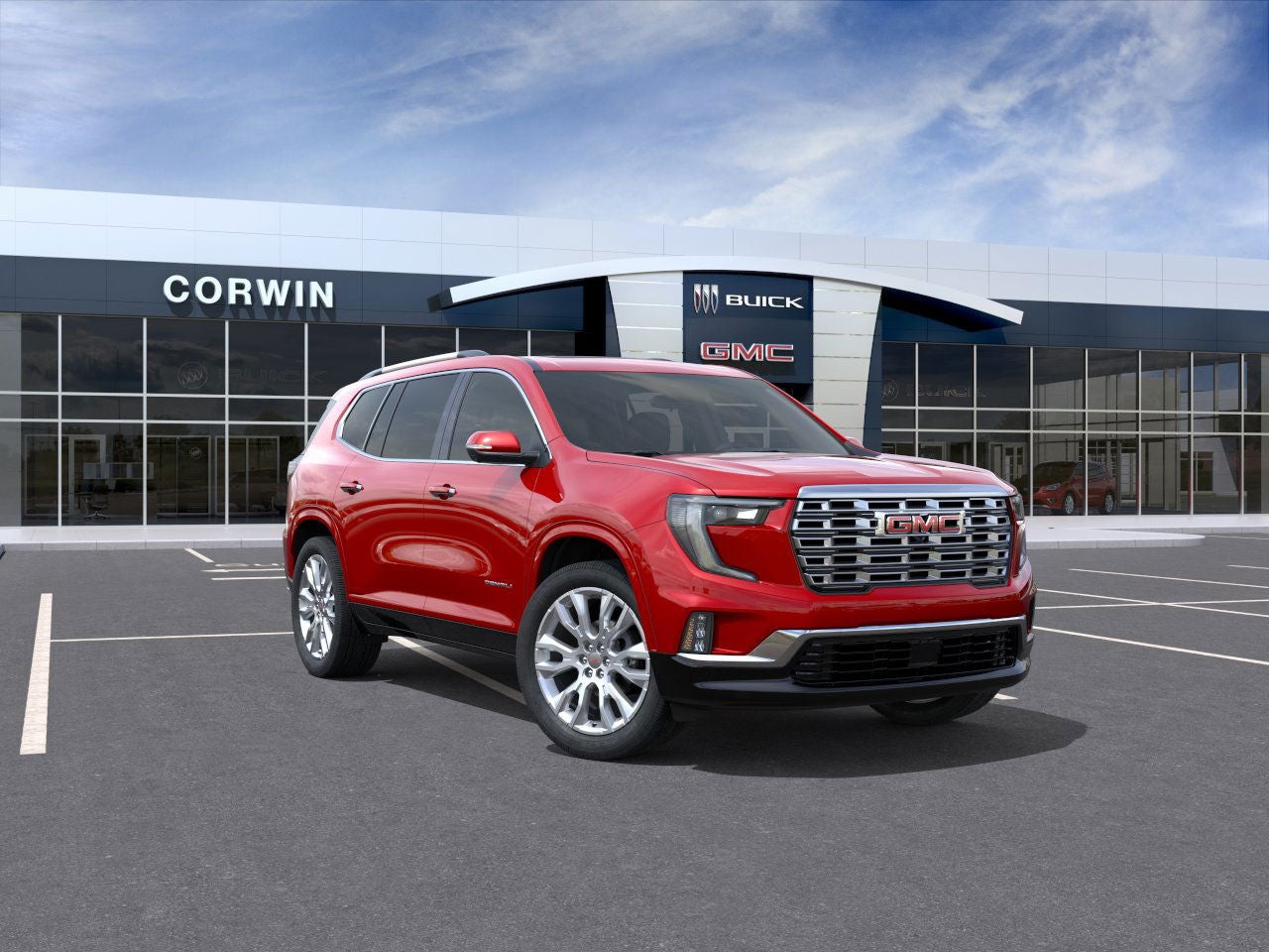 2026 GMC Acadia Denali in Volcanic Red Tintcoat — front three-quarter view