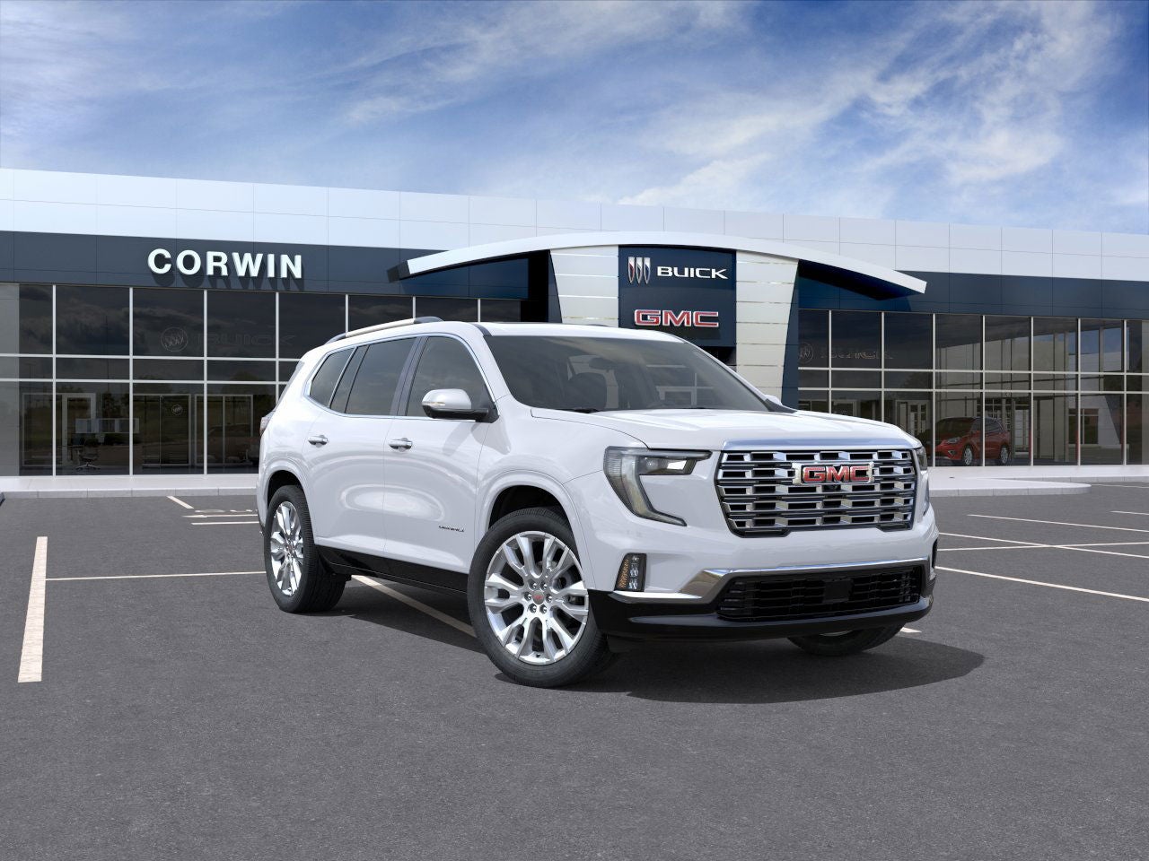 2026 GMC Acadia Denali in Glacier White Tricoat — front three-quarter view