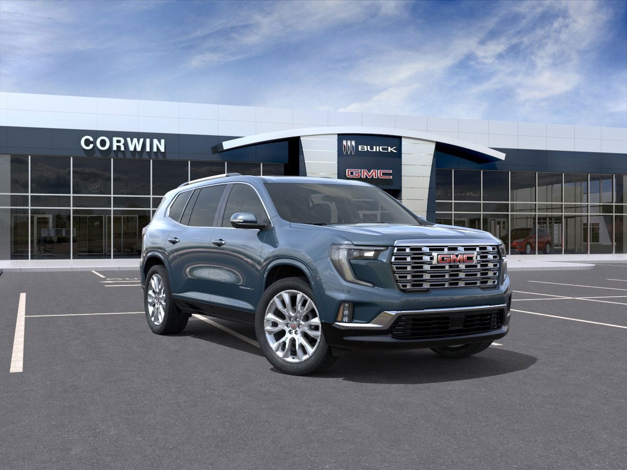 2026 GMC Acadia Denali in Downpour Metallic — front three-quarter view