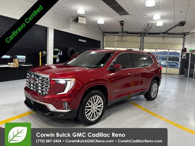 2025 GMC Acadia Denali in Volcanic Red Tintcoat — front three-quarter view
