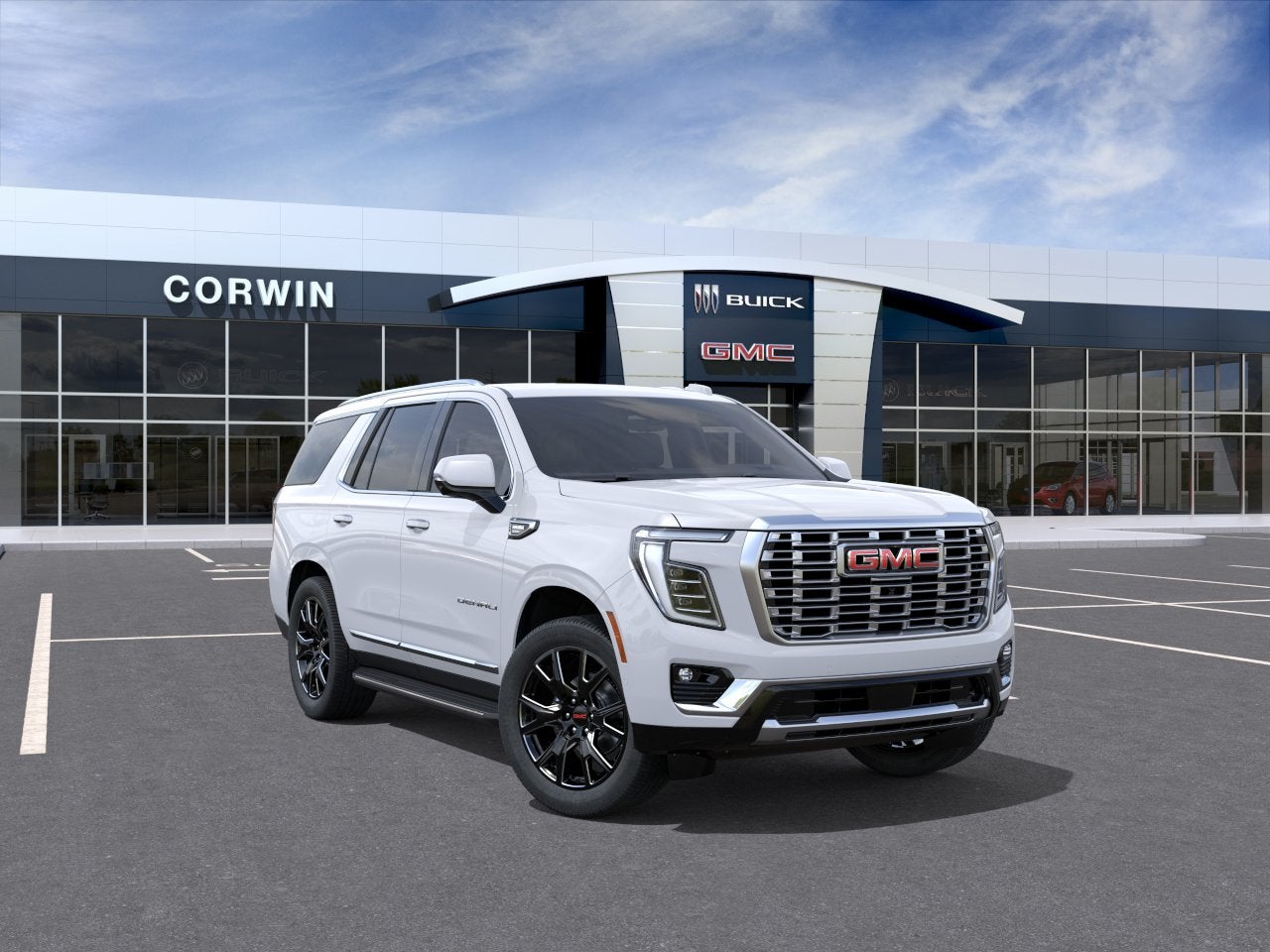 2026 GMC Yukon Denali in Glacier White Tricoat — front three-quarter view