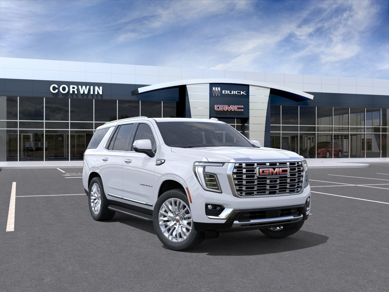 2026 GMC Yukon Denali in Glacier White Tricoat — front three-quarter view