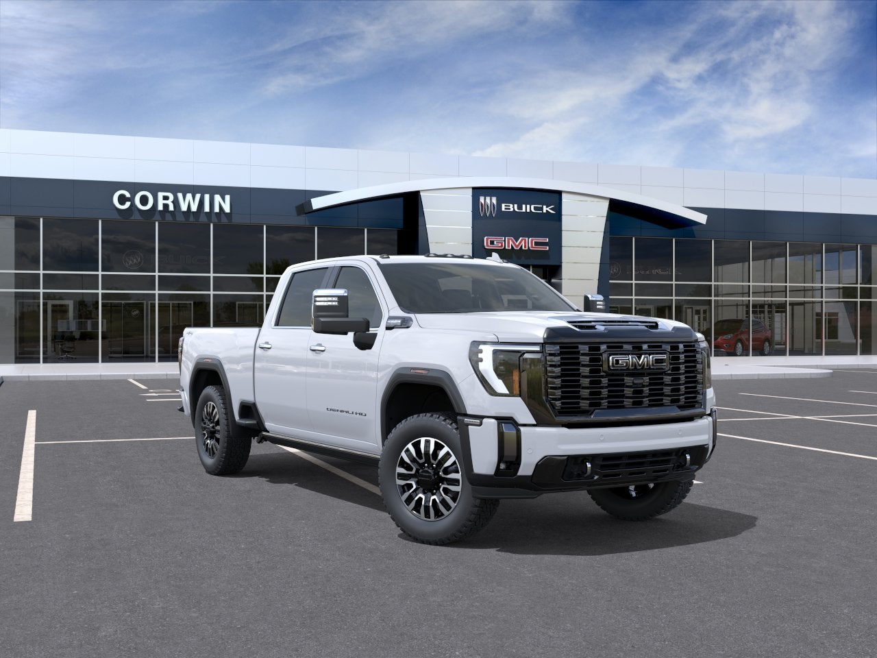 2026 GMC Sierra 2500 HD Denali Ultimate in Glacier White Tricoat — front three-quarter view