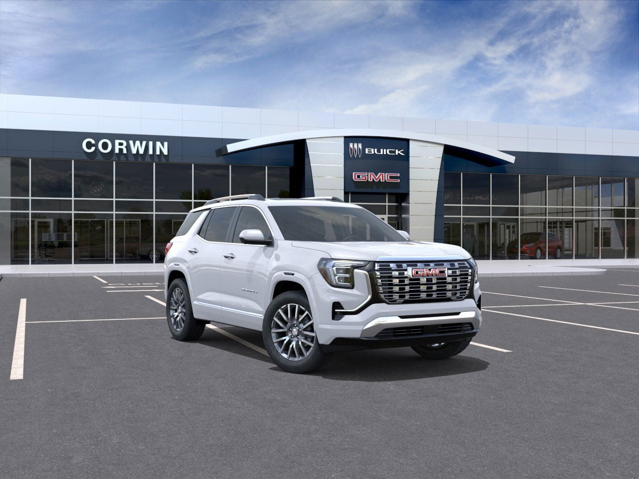 2026 GMC Terrain Denali in Glacier White Tricoat — front three-quarter view
