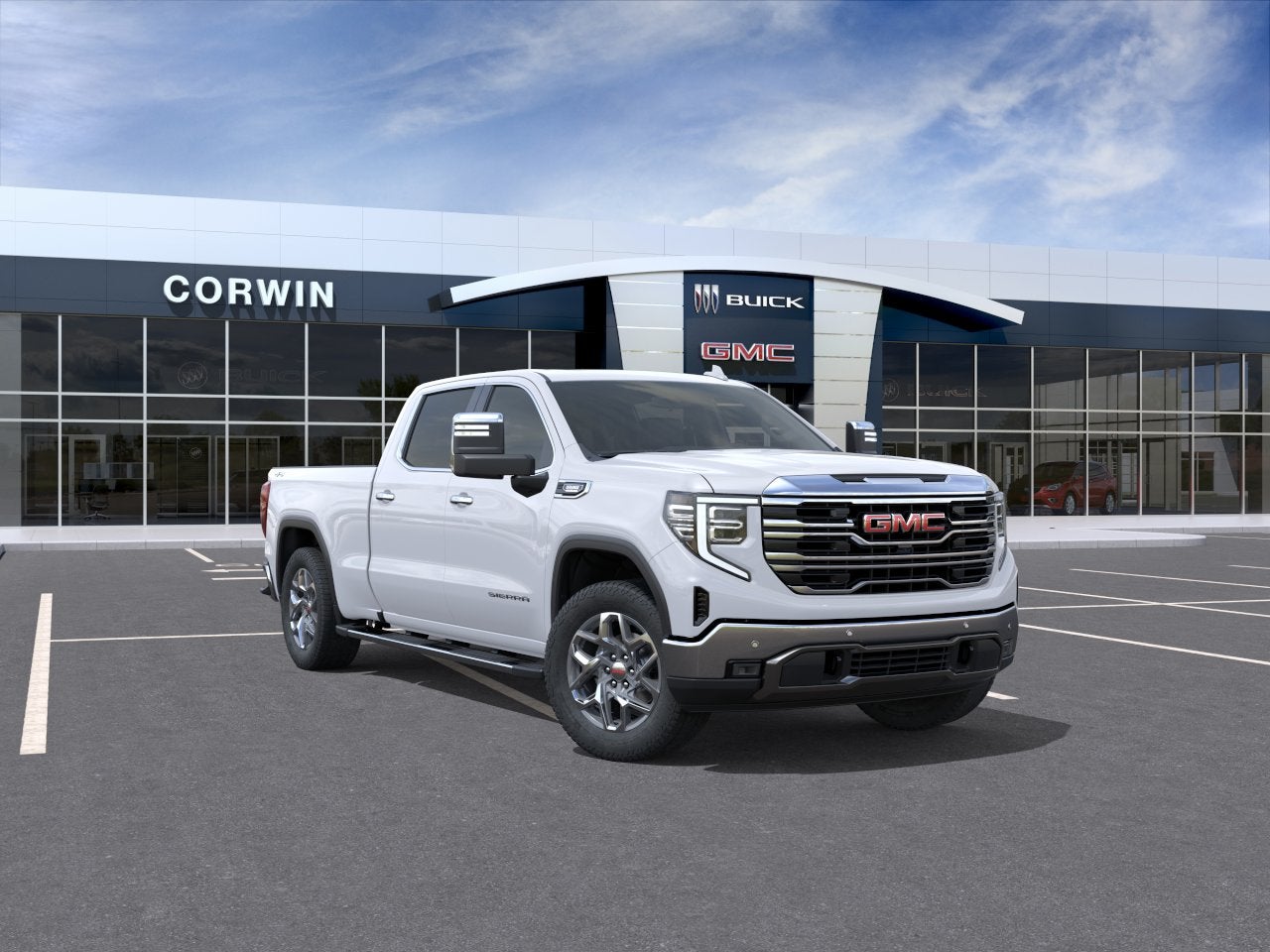 2026 GMC Sierra 1500 SLT in Glacier White Tricoat — front three-quarter view