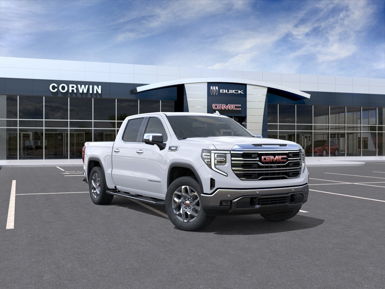 2026 GMC Sierra 1500 SLT in Summit White — front three-quarter view