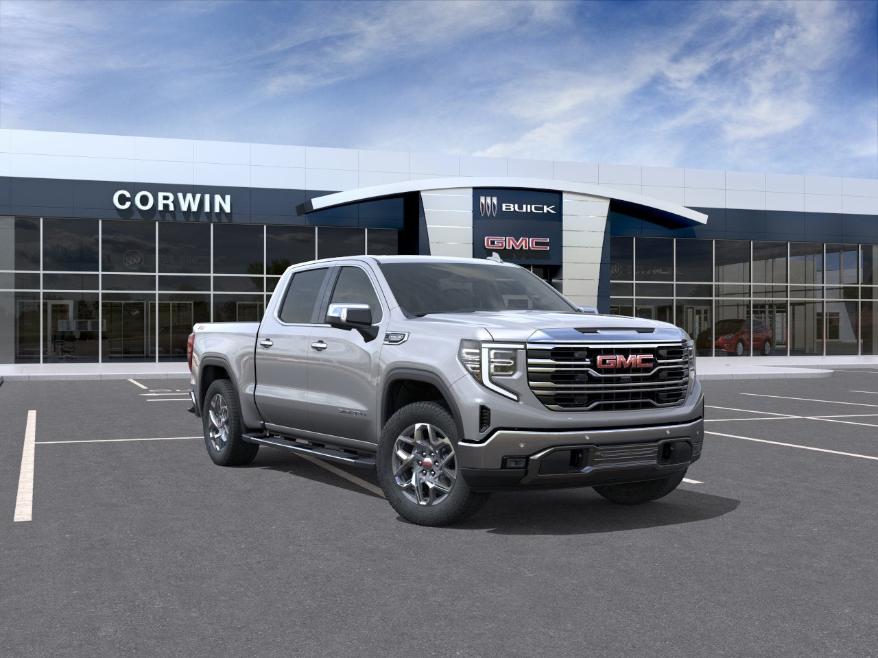 2026 GMC Sierra 1500 SLT in Sterling Metallic — front three-quarter view