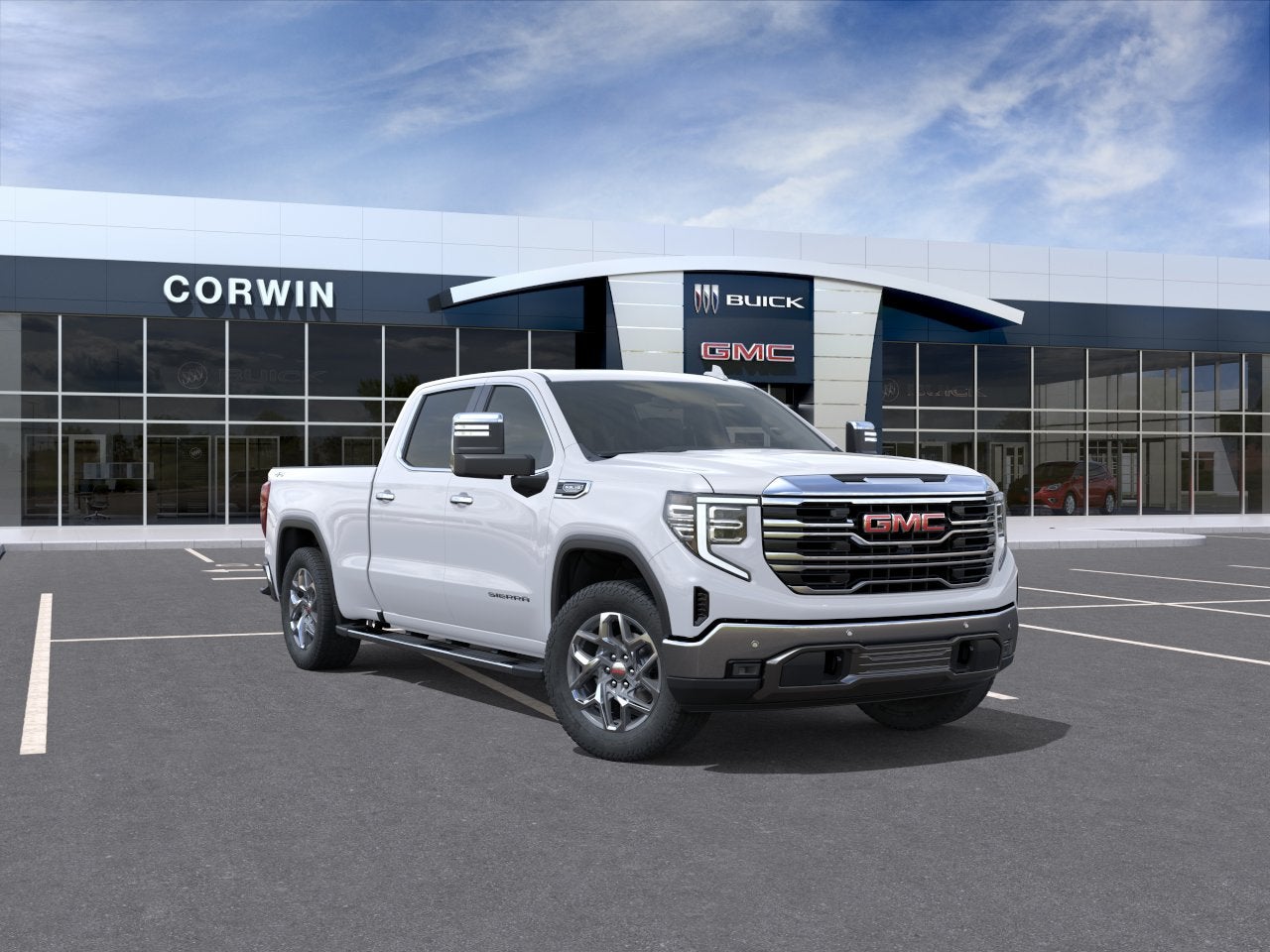2026 GMC Sierra 1500 SLT in Summit White — front three-quarter view