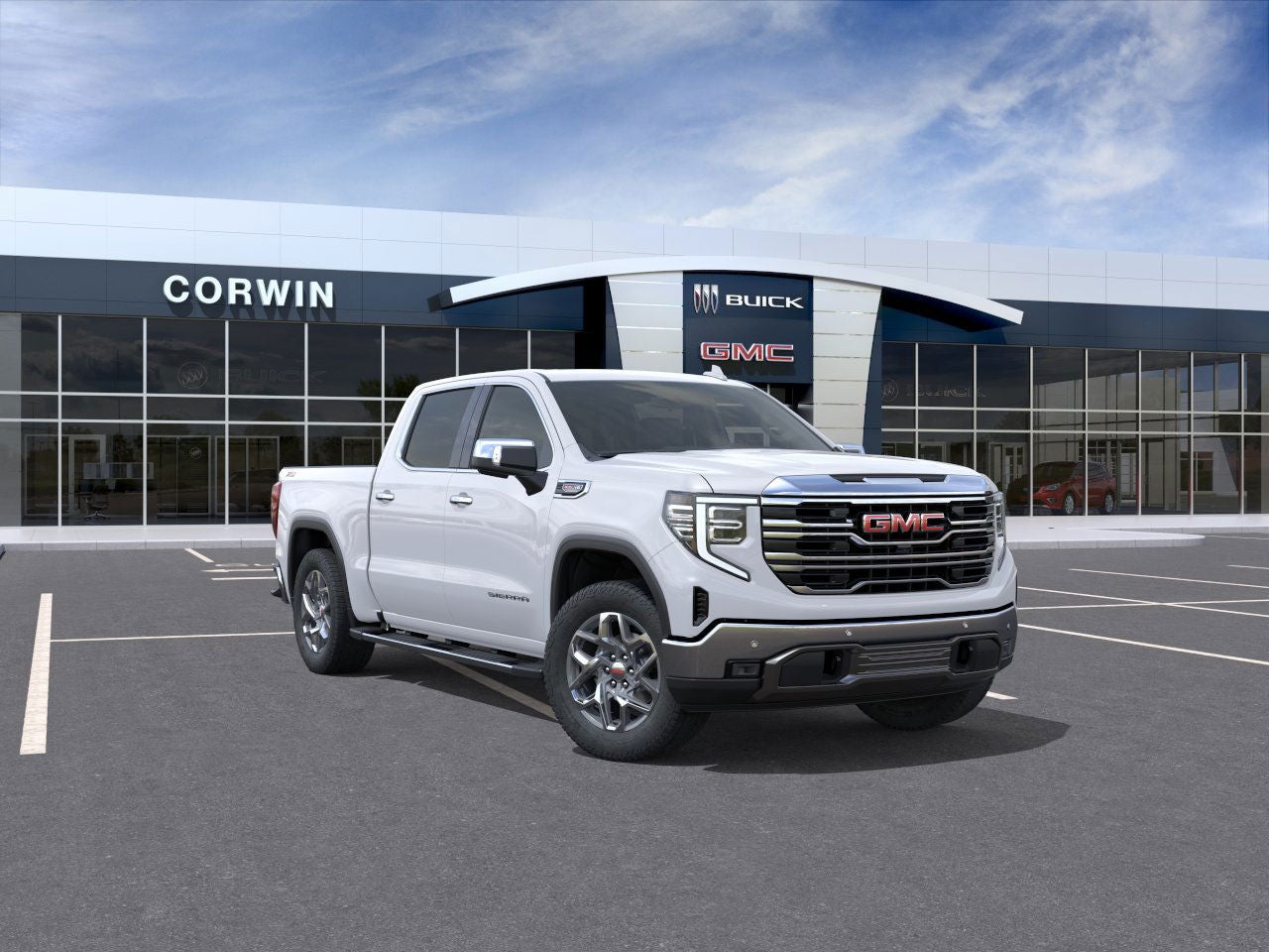 2026 GMC Sierra 1500 SLT in Summit White — front three-quarter view