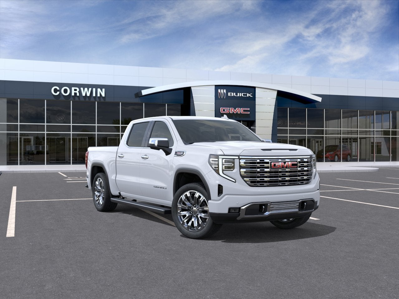 2026 GMC Sierra 1500 Denali in Glacier White Tricoat — front three-quarter view