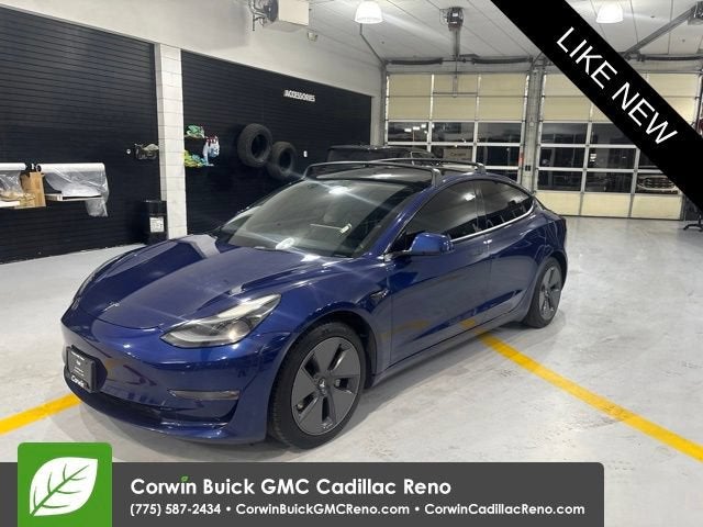 2022 Tesla Model 3 Long Range in Blue — front three-quarter view