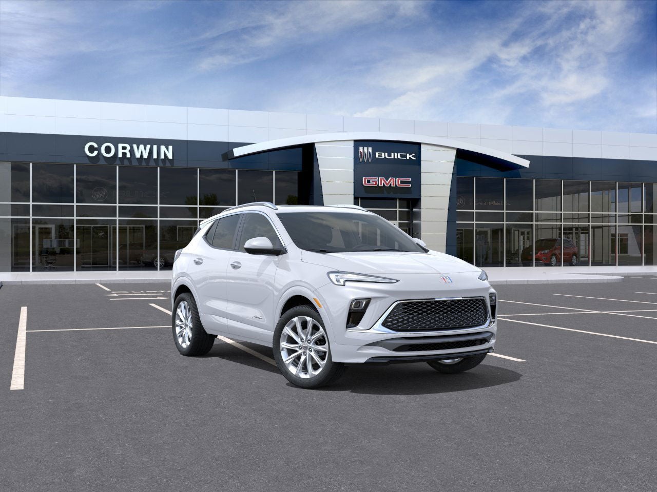 2026 Buick Encore GX Avenir in White Frost Tricoat — front three-quarter view